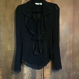 Gorgeous sheer black vintage Newport News blouse with lace and button trim sz 12